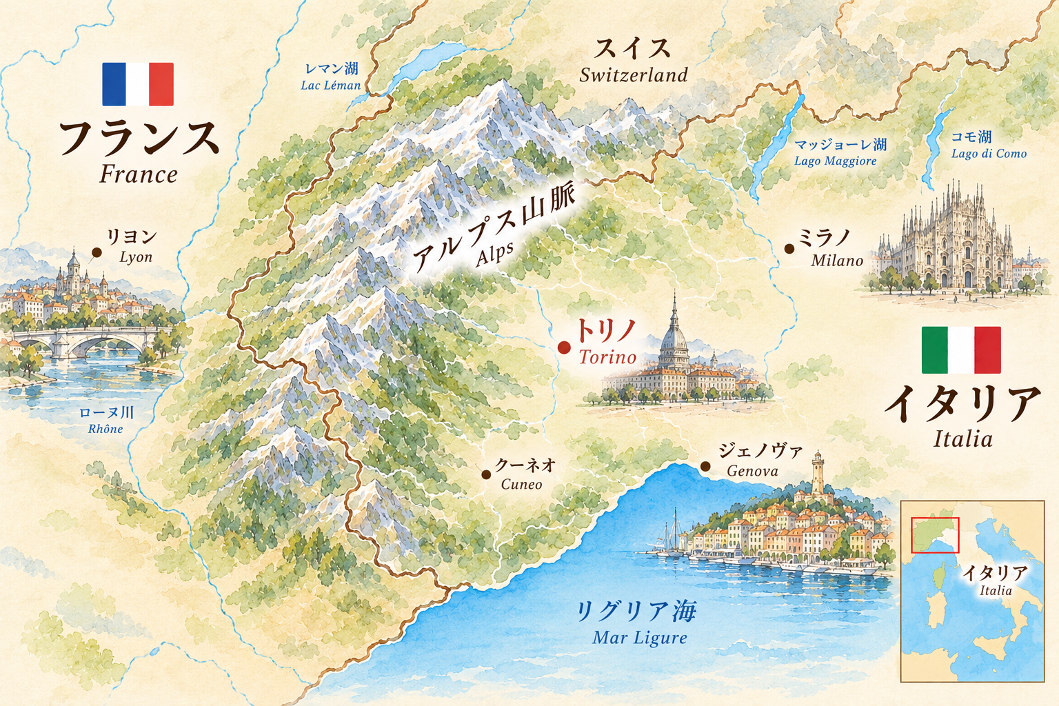 トリノを赤く示したフランス・イタリア北西部の水彩イメージ地図
