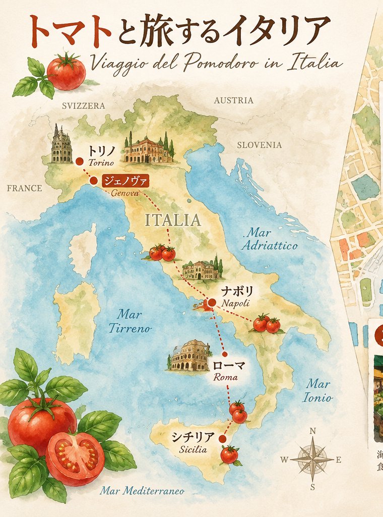 トマトと旅するイタリアの表紙イラスト。イタリアの各都市を描いた旅のイメージ